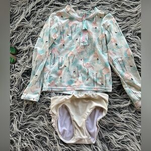 RUFFLE BUTTS Girl Vibrant Flamingo Rash Guard Ruffle Swimsuit Swim Blue 5.